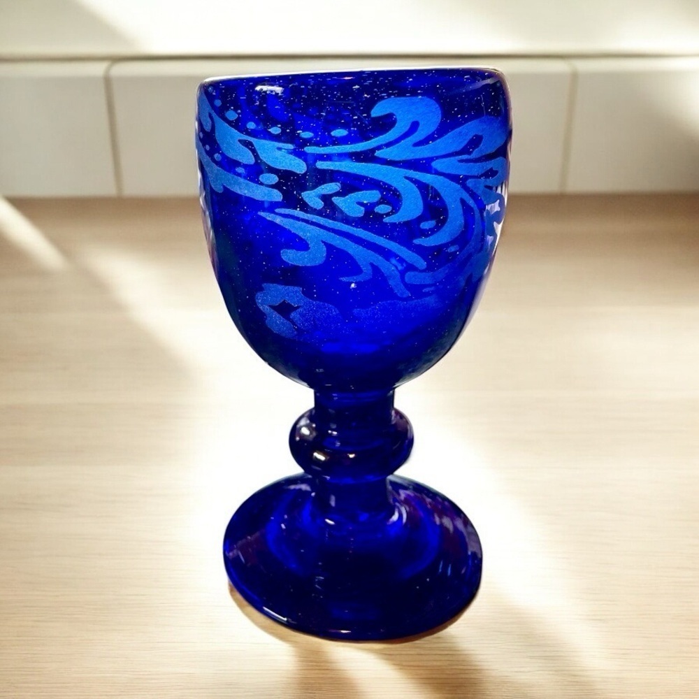 Vintage cobalt blue goblet, hand made, lots of air bubbles, very heavy, unique